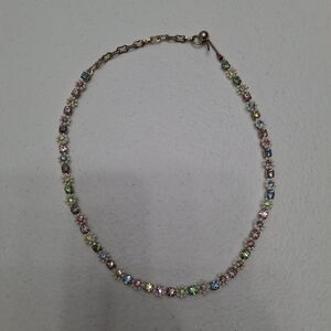 White Pink Blue Rhinestone Silver Tone Flower Floral Rhinestone Choker Necklace